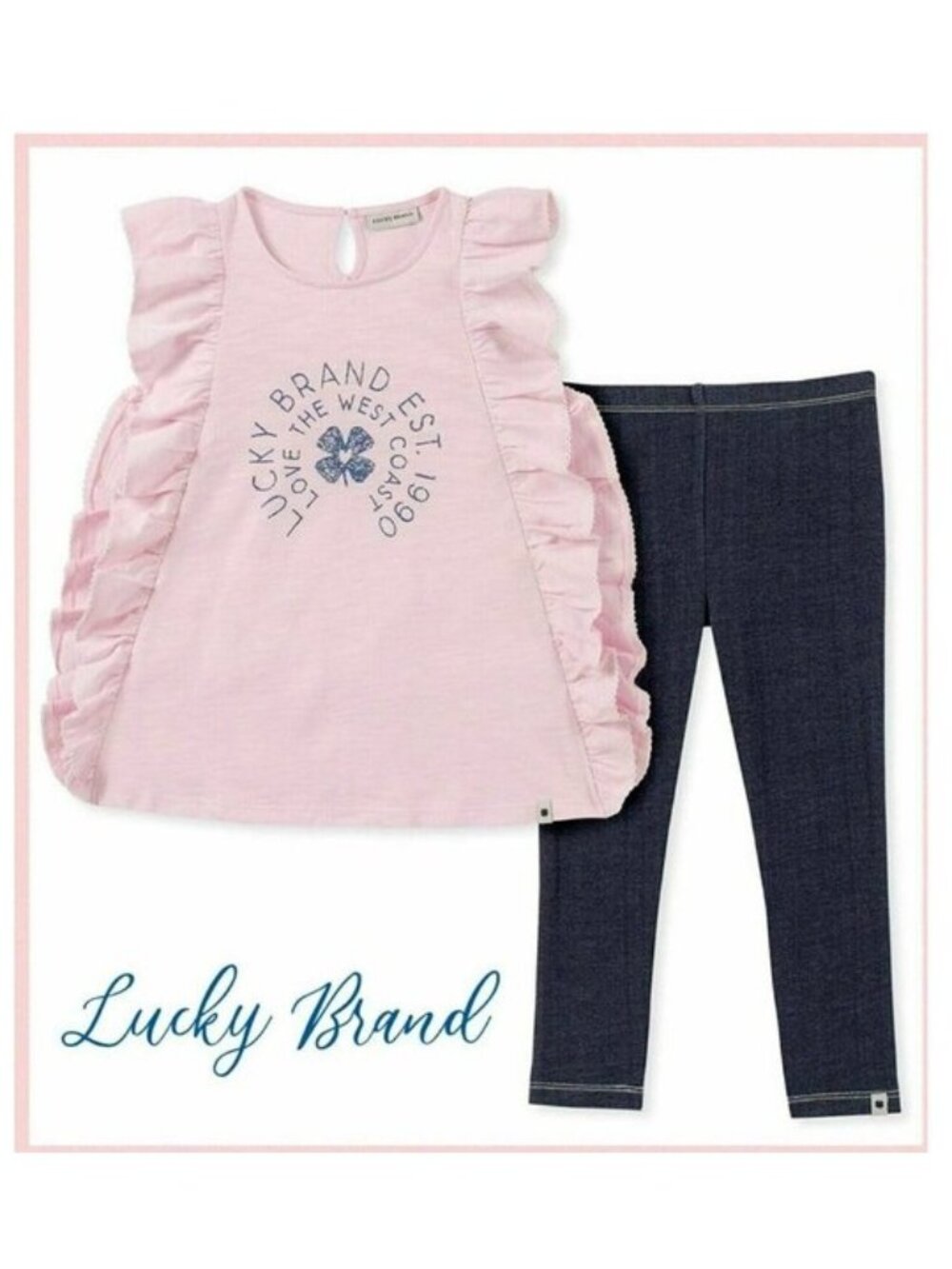 NEW Lucky Brand 2 piece Ruffled Sleeve Logo Outfit Set Top Shirt leggings Pants